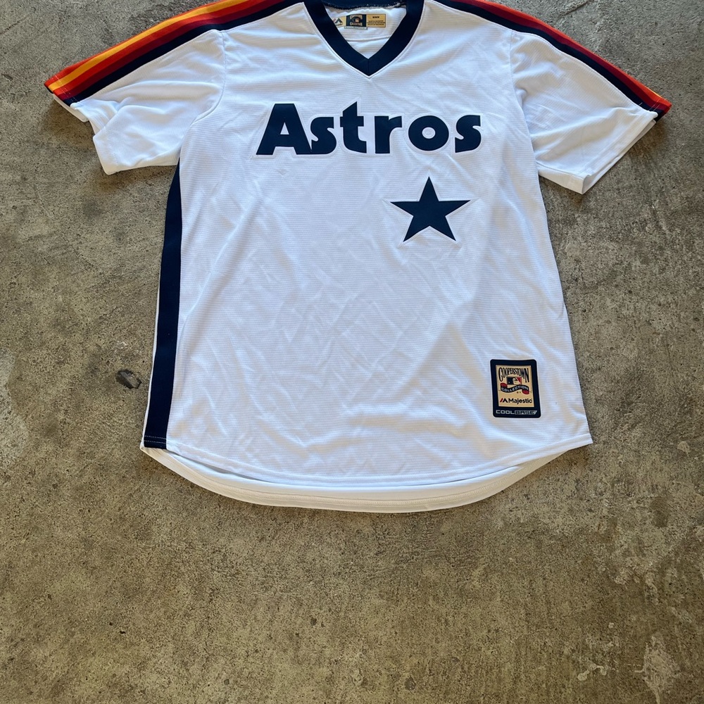 Majestic White Astros Jersey with Navy and Rainbow Stripe Accents
